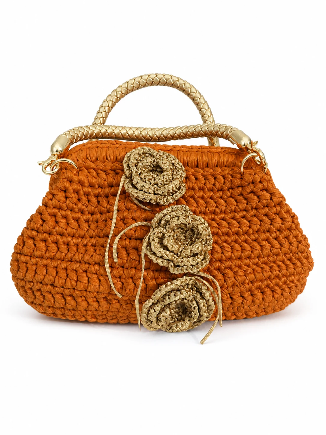 Bolso Flor de Ámbar tejido en terracota con flores doradas