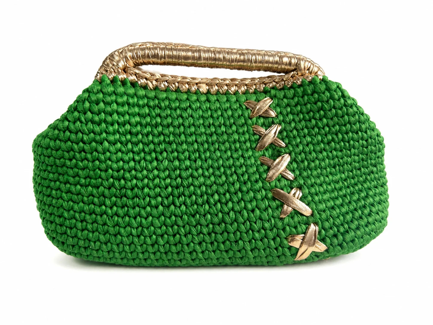 Bolso Jade Enlazado tejido en verde con lazos dorados
