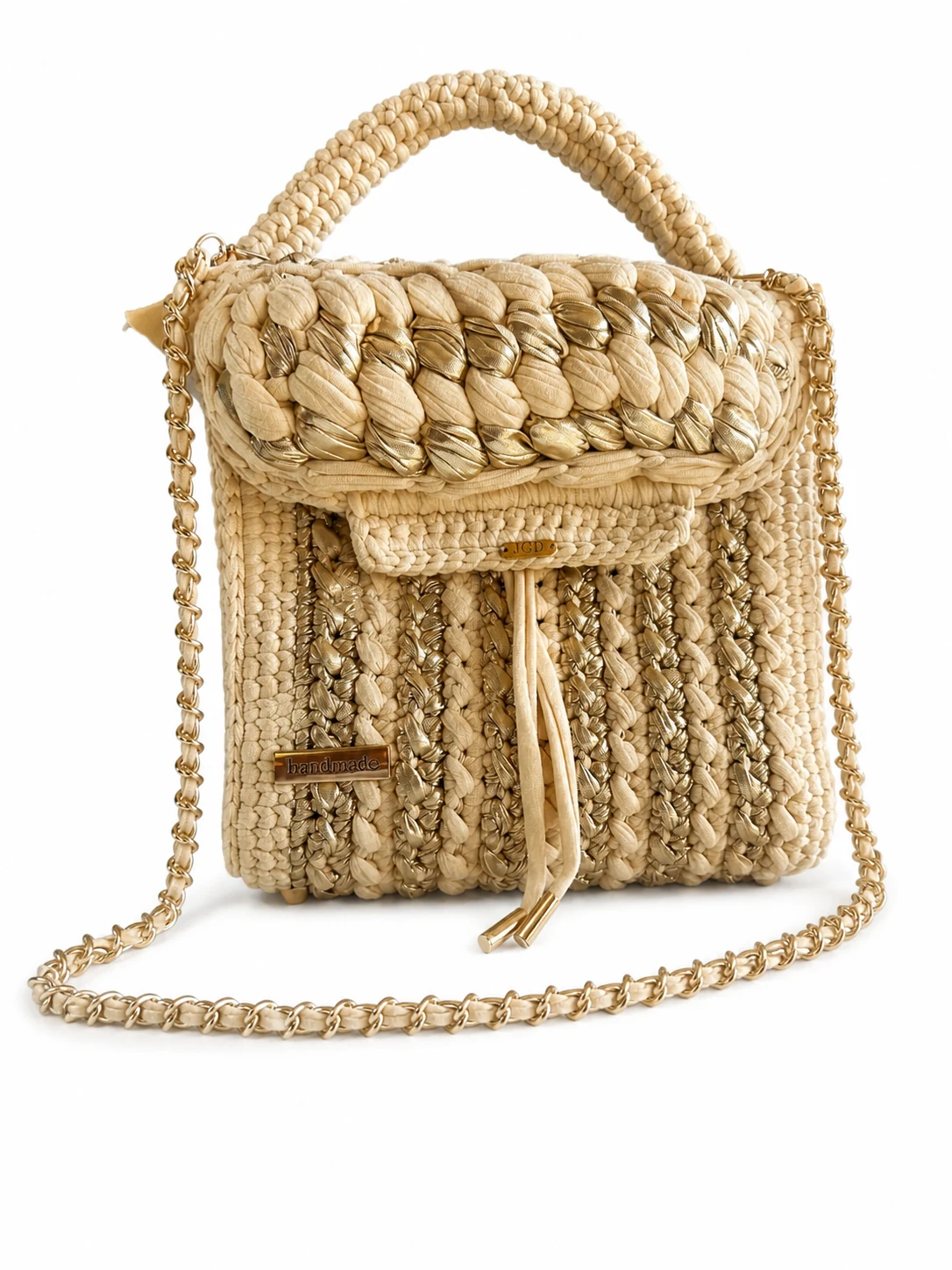 Bolso estructurado Marfil Dorado con asa superior y cadena
